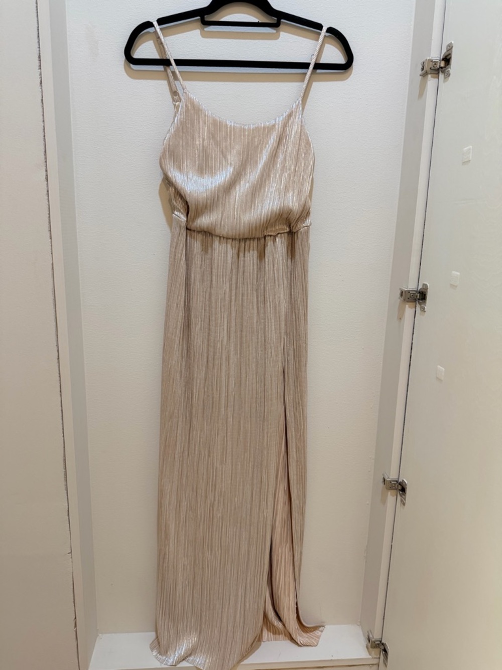 BCBG Generation shiny Elegant Champagne Pleated Maxi Dress with Spaghetti Straps